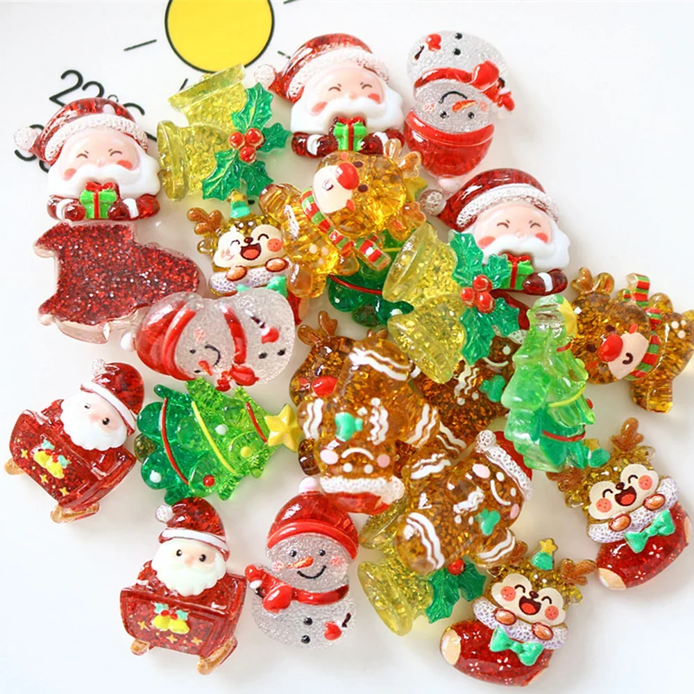10PCS Clear Santa Claus Snowman Miniature Flat Back Resin Cabochons For Hairpin Scrapbooking DIY Home Decor Craft Accessories