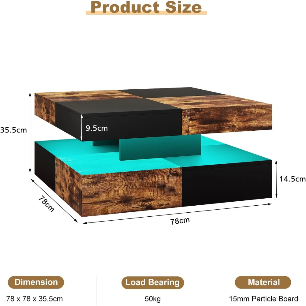 LED Coffee Table for Living Room,  Living Room Table 2-Tier Square Middle Center,  Modern Coffee Tables with Storage