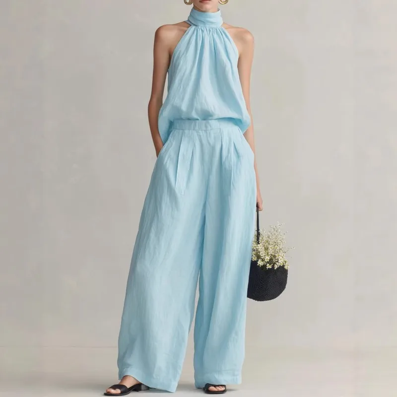 2026 New Summer Women's Pants Set Solid Color Hanging Neck Casual Loose Fashionable Comfortable Versatile And Commuter Pants Set