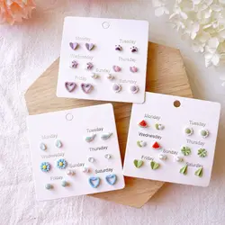 7 PCS Popular Exquisite Ceramic Earring Female Fresh Combination Joker Temperament Week Pearl Earrings #XN217