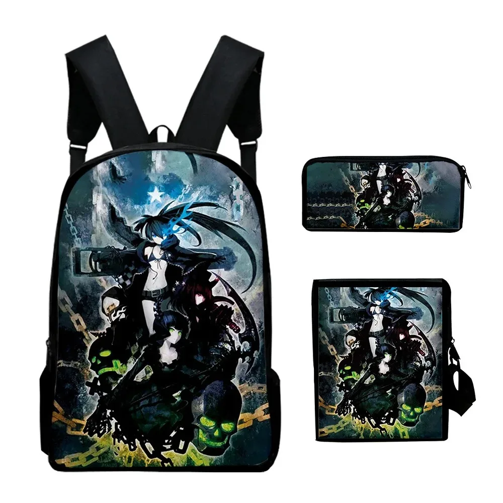 Harajuku Popular Black Rock Shooter 3D Print School Bags, Mochila Laptop Daypack, Inclinado Bolsa de Ombro, Lápis Case, 3Pcs Set