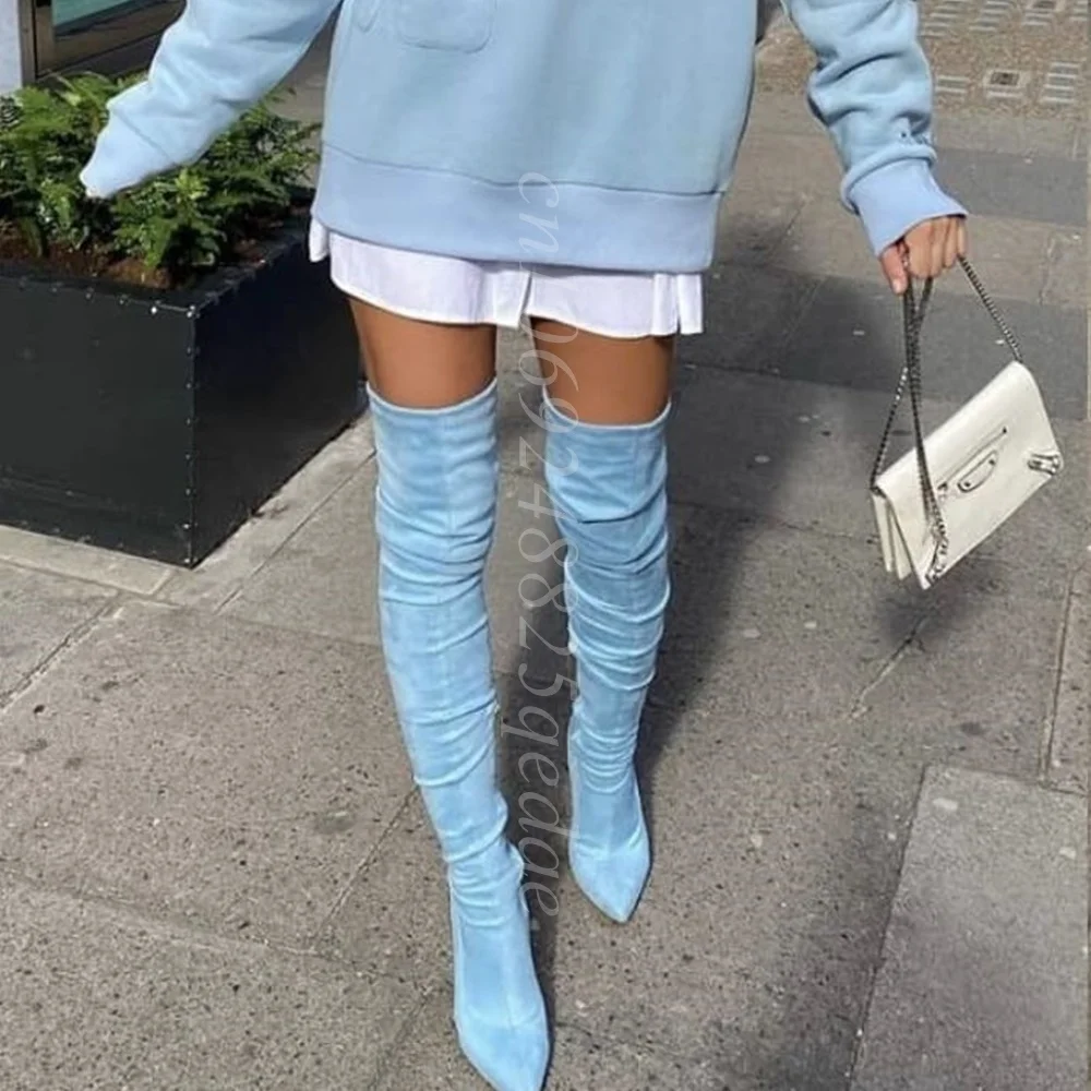 Blue Suede String Decor Boots Lace up Sexy Thin High Heels Skintight Shoes Thigh High Footwear Shoes 2025 Zapatos Para Mujere