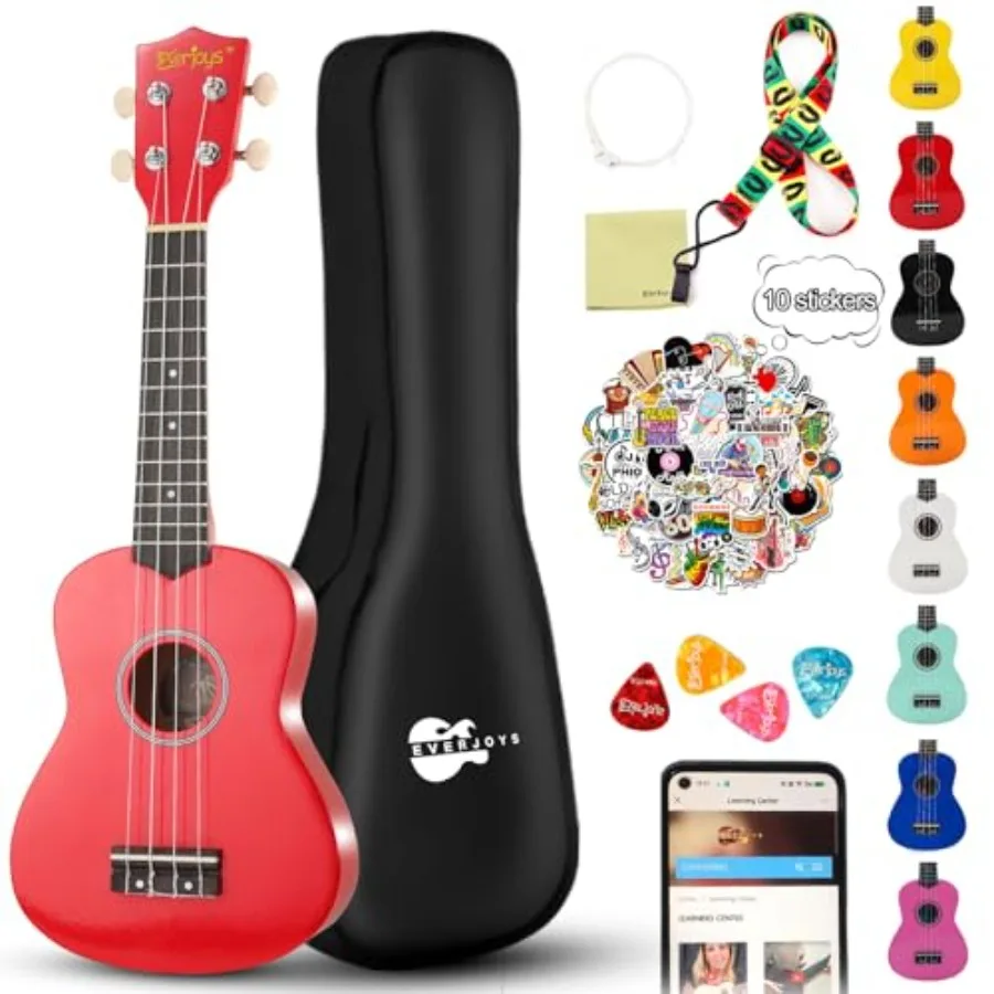 

21-дюймовый сопрано-укулеле для начинающих взрослых студентов с бесплатными онлайн-уроками, чехлом, ремнем, струнами, тюнером, медиатором, полировочной салфеткой