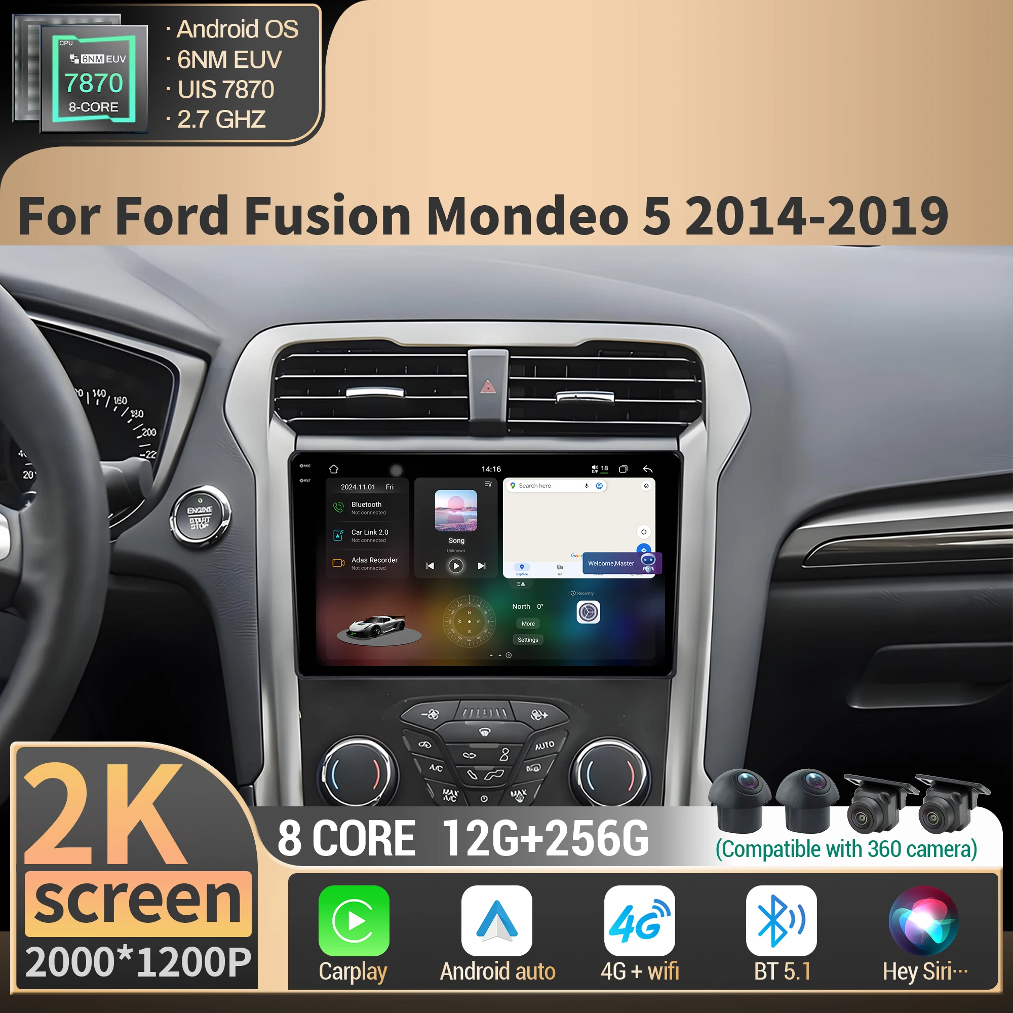 

For Ford Fusion Mondeo 5 2014 2015 2016-2019 Car Radio Multimedia Navigation Android Wireless BT CarPlay CPU 7870 QLED Screen