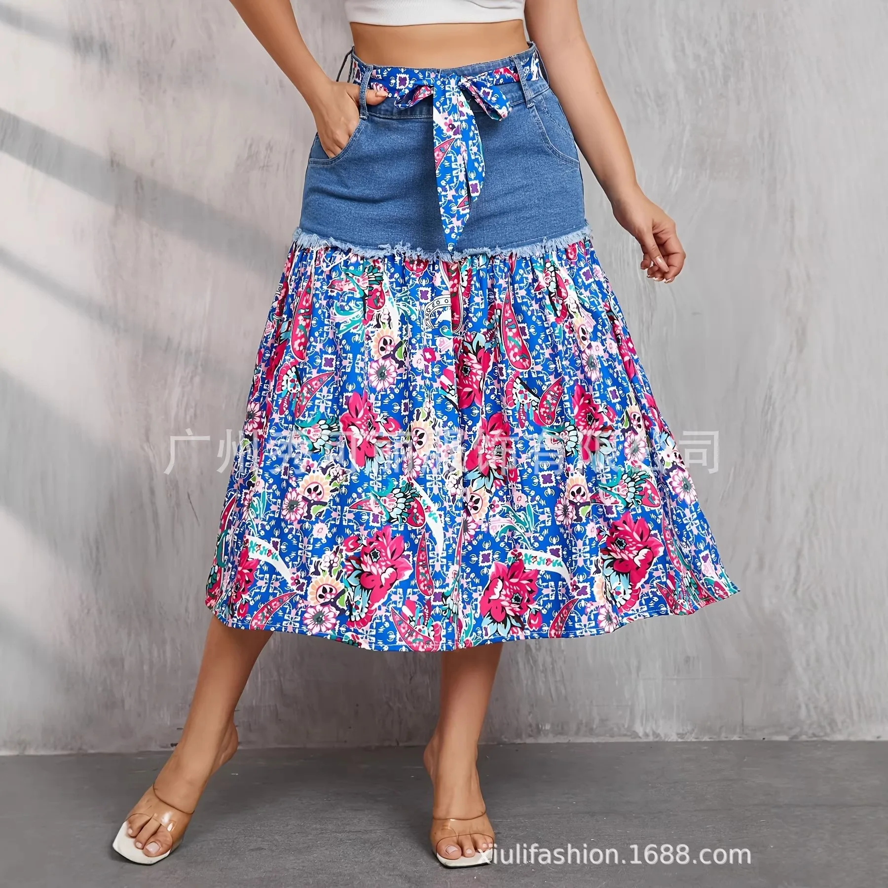 Spring Patchwork Skirt a Line Sweet with Fresh Sweet Elastic Mid Length Skirts for Women