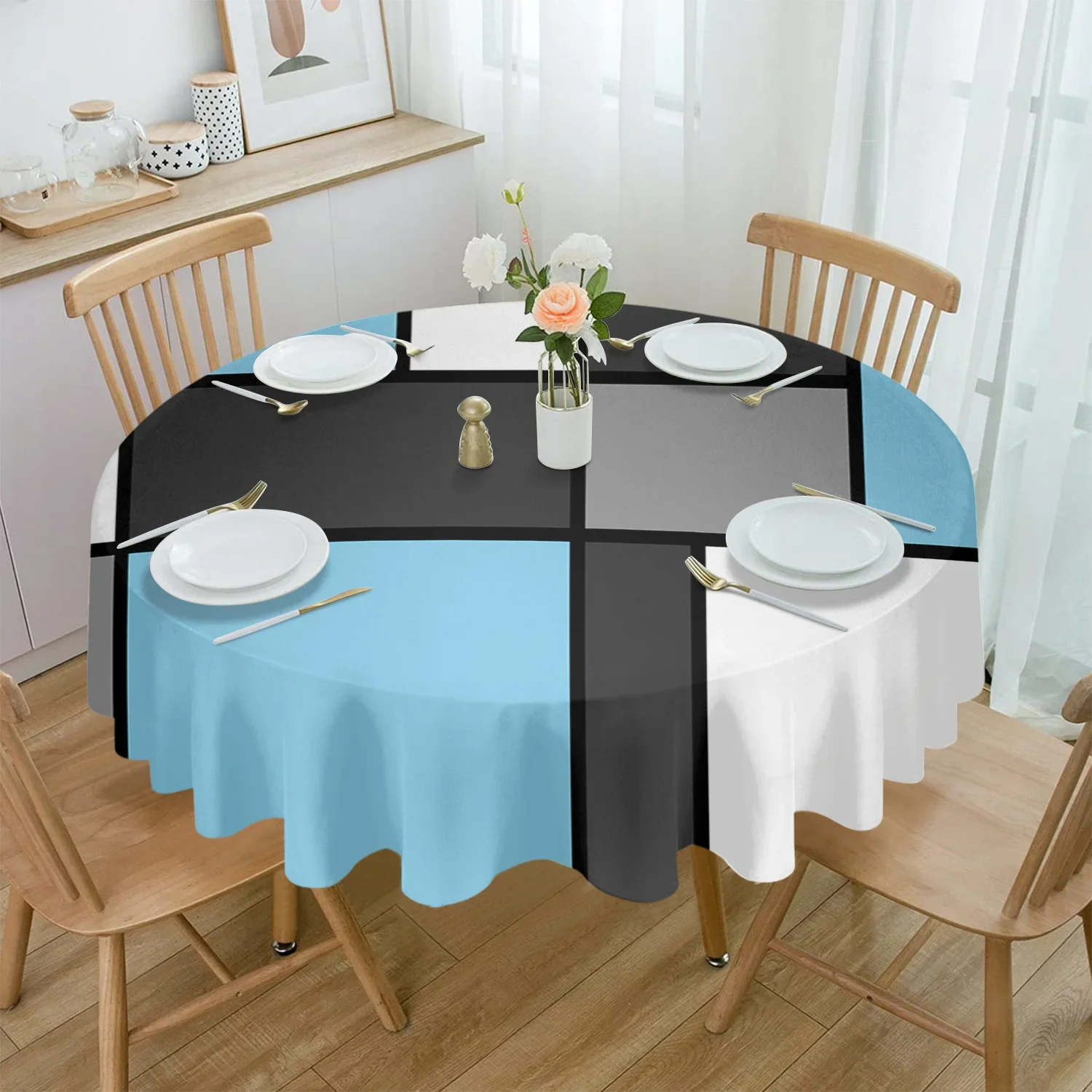 Geometric Figures Sky Blue Abstract Round Tablecloth Waterproof Table Cover Home Kitchen Table Cloth Dining Table Decoration