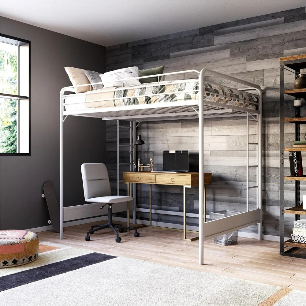 Kid's Metal Loft Bed, Underbed Desk and Gaming Area, Two-Sided Ladder, Full, Children Beds, Bedroom Furniture Beds