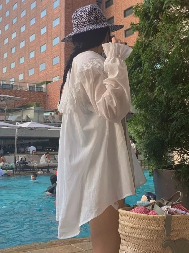 시크한 여름 달콤한 루즈핏 캐주얼 패치워크 레이스 트림 긴팔 자외선 차단 셔츠 여성 패셔너블 턴다운 칼라 블라우스