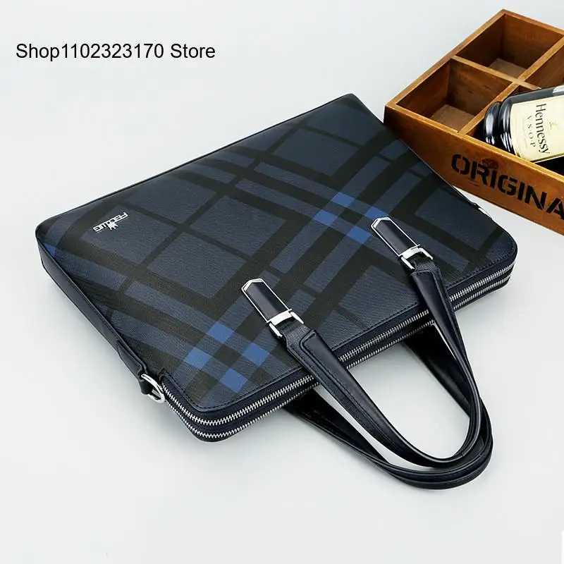 Business Casual Checkered One Shoulder Crossbody Handbag Laptop Bag for Men