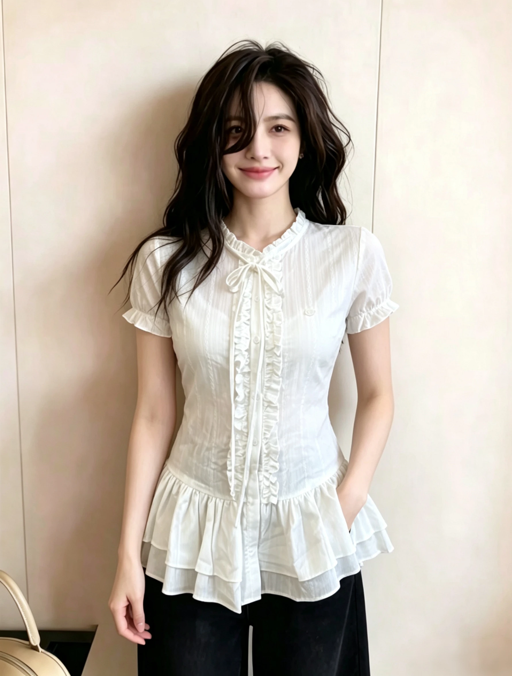 

Sweet Style White Ruffle Hem Waist Cinching Slimming Shirt plus Size Summer Design Sensation Small Top Women's Fashion