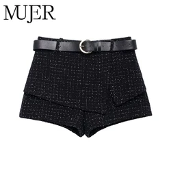 MUJER 2025 Belt Women's Shorts Sets High Waist Mini Shorts for Women Black Textured Skirt Shorts Women Fashion Skort for Women