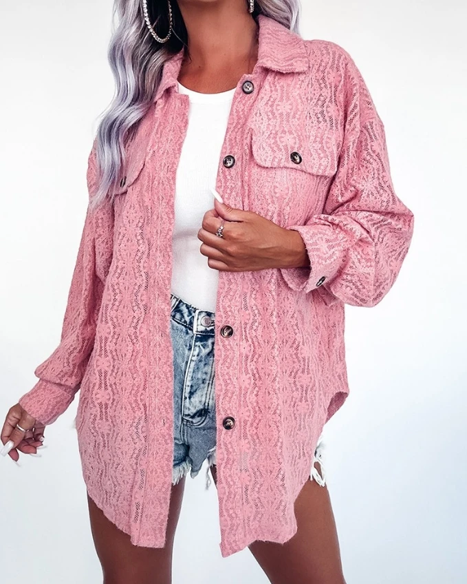 Women's 2024 Summer New Style Buttoned Asymmetrical Hem Long Sleeve Lace Top Fashionable Casual Lapel Pocket Irregular Jacket