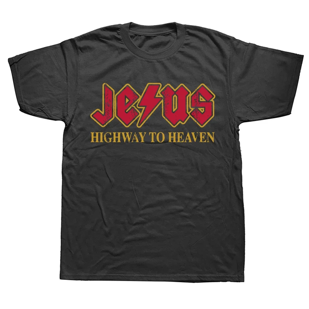 Vintage Jesus Rocks Highway To Heaven T-Shirts for Men O Neck Cotton T Shirt Christ Christian Religion Tees Printed Clothing