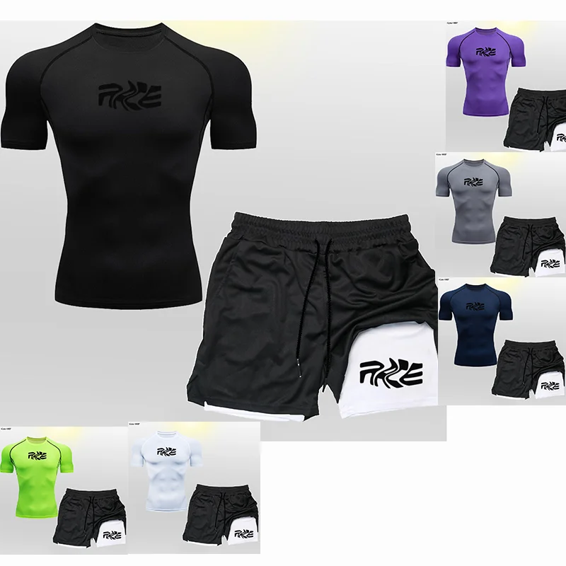 Summer Tight Breathable Men's Short Sleeve Set Fitness Printed Running Speed Drying Sports Wear Fitness Shaping Training T-shirt