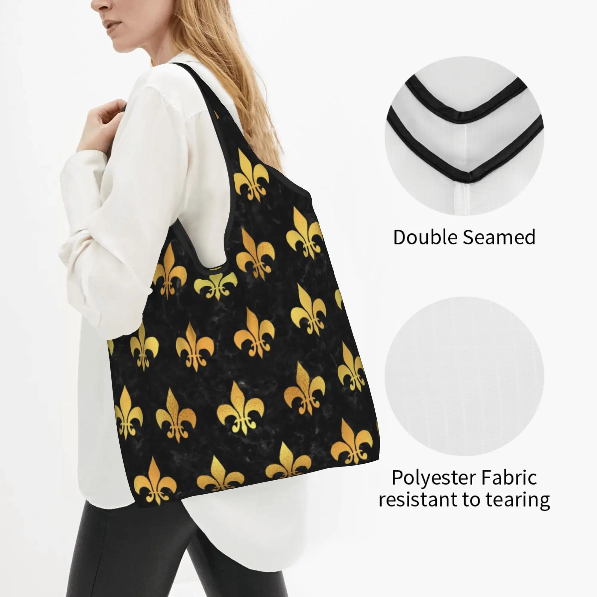 Fashion Printed Royal Gold Black Marble Fleur De Lis Shopping Tote Bag Portable Shoulder Shopper Lily Floral Handbag