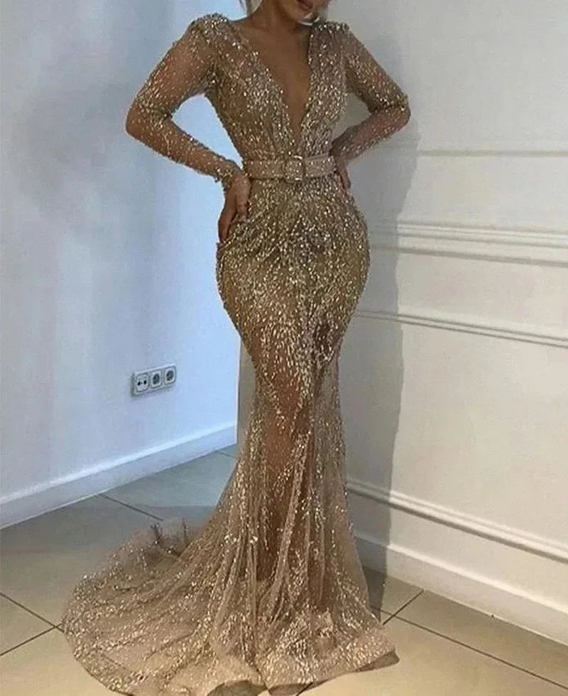 2023 New Sexy Sequins Women's Evening Dress Dress Gilded Long Sleeve Slim Sexy Fishtail Dress Wedding Dresses for Women