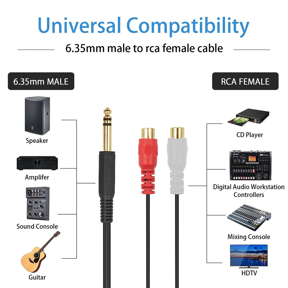 0.3m 1/4Inch TRS 6.5 Jack to 2 RCA R/L Y Splitter Audio Cable Dual RCA to 6.35mm Adapter Stereo Cord for Speaker Amplifier Mixer