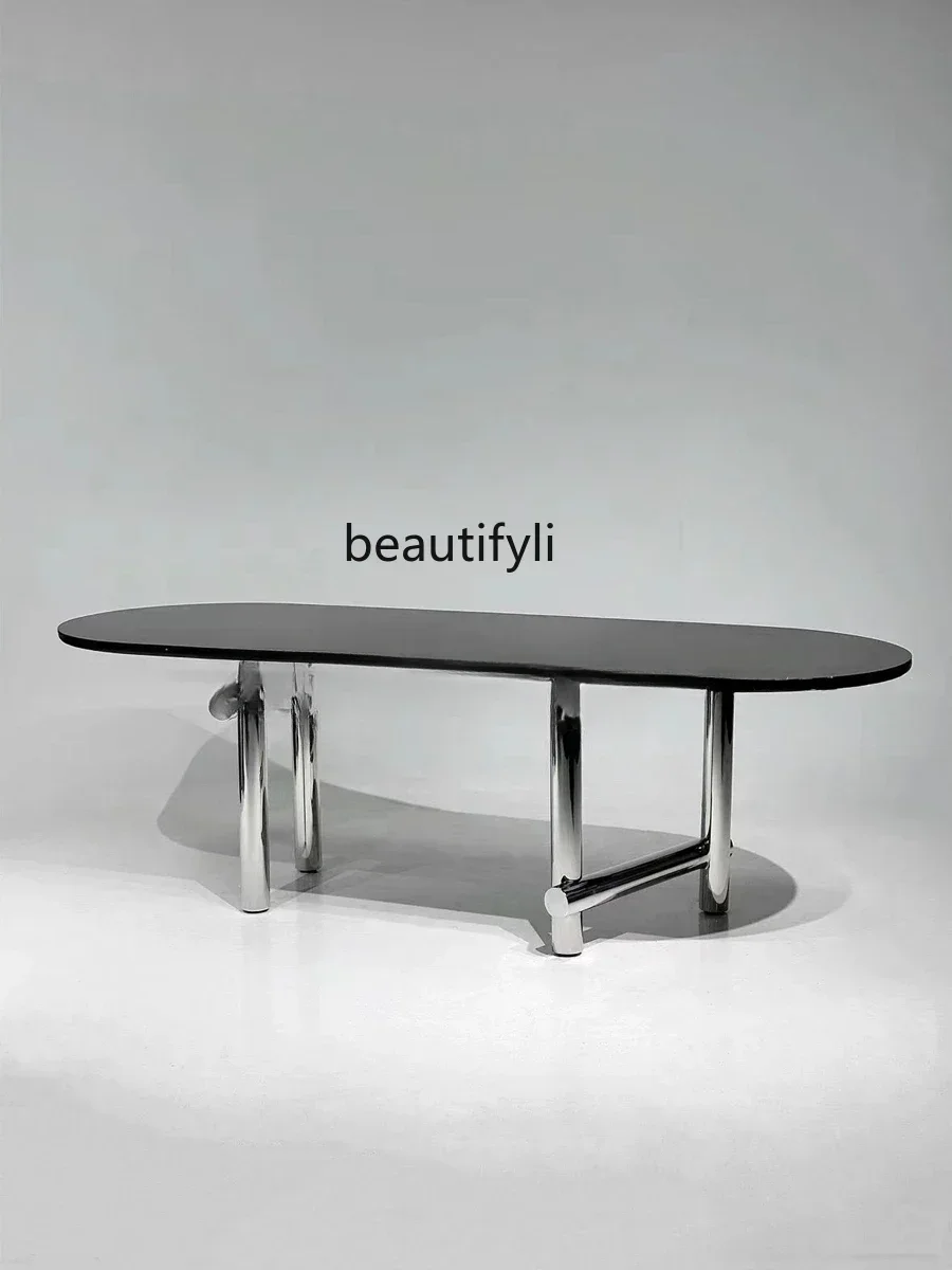 SS Simple modern matte rock slab dining table creative stainless steel art multi-person light luxury oval negotiation table New