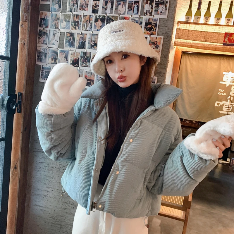 

Corduroy Short Jackets 2025 Autumn Winter New Down Cotton Padded Jackets Lapel Long Sleeve Solid Casual Korean Female Outwear