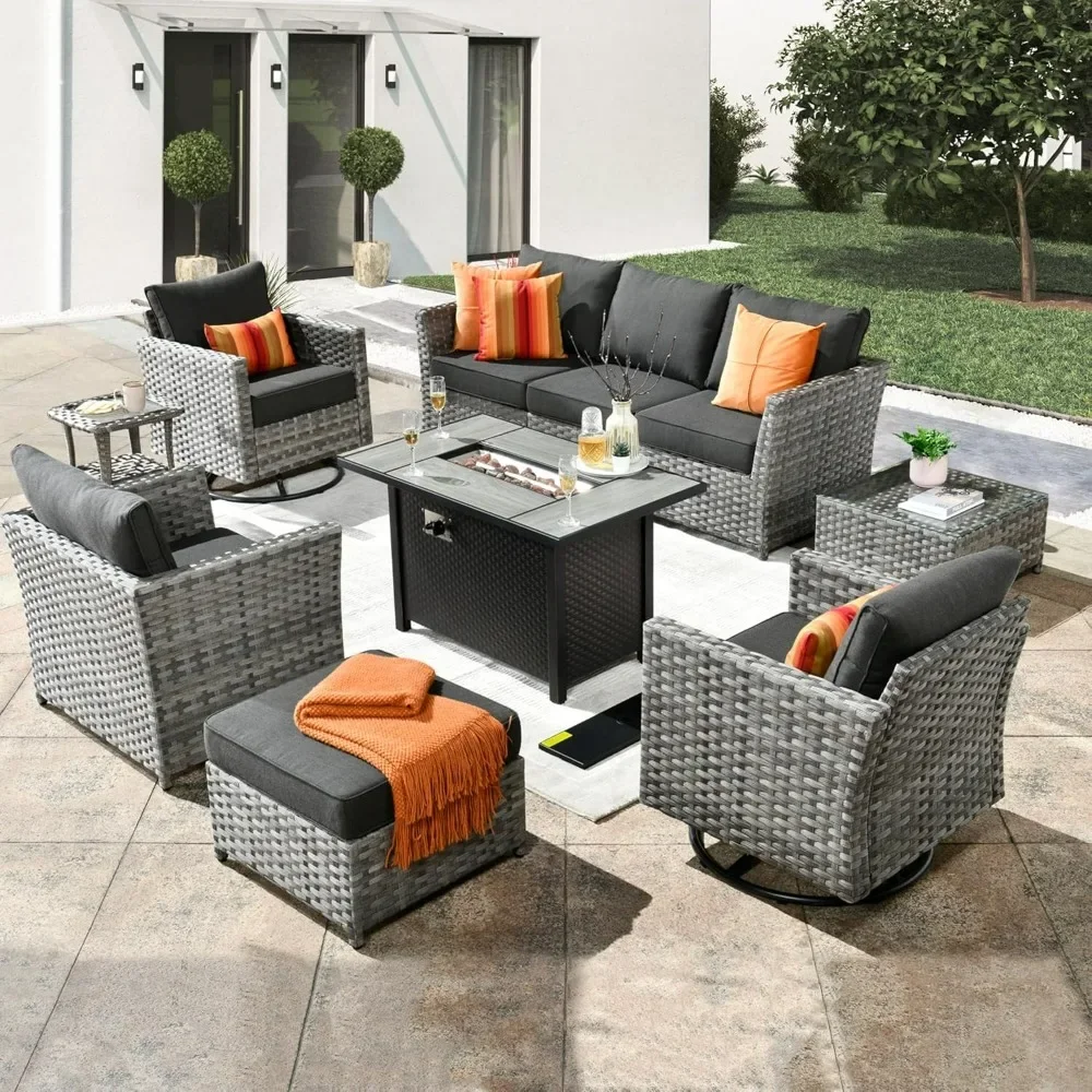 

10 Piece Patio Furniture Set with Fire Pit Table,with Swivel Rocking Chairs, Sectional Chairs for Outside Porch Balcony Backyard