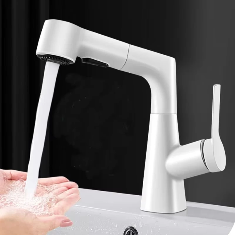 White Hair Washing Pull Out Bathroom Faucet Image 5