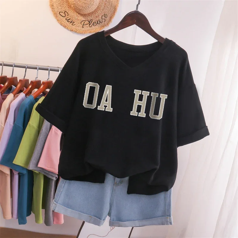 EBAIHUI100% Cotton L-5XL Plus Size T Shirt Letter Print Tshirt Short Sleeve Women's Top Summer Couple V Neck Oversized T Shirts