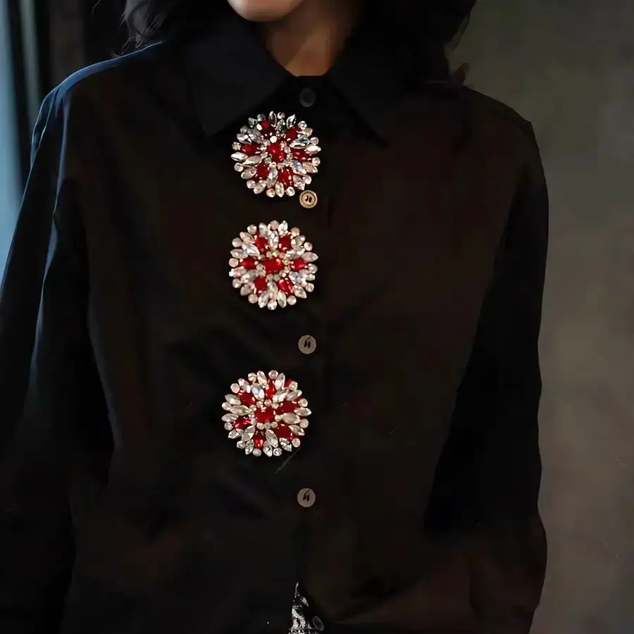 

2025 Women's Sparkle Diamonds New Trend Luxury Style Oversized Long Sleeve Cotton Shirts Blouses White Black Tops