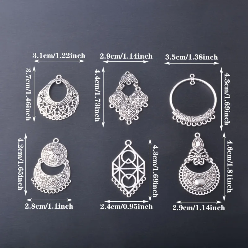 12 Stück/Set Böhmische Antik-Silberfarbene Übertriebene Ohrring-Verbinder Anhänger Schmuckzubehör mit vielen Löchern Charms DIY Damenohrringe – Detail 4