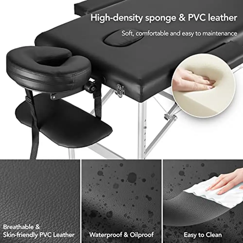 3-Fold Portable Massage Table Aluminum Legs Adjustable Height Breathable PVC Leather Spa Salon Tattoo Kit Lightweight Foldable