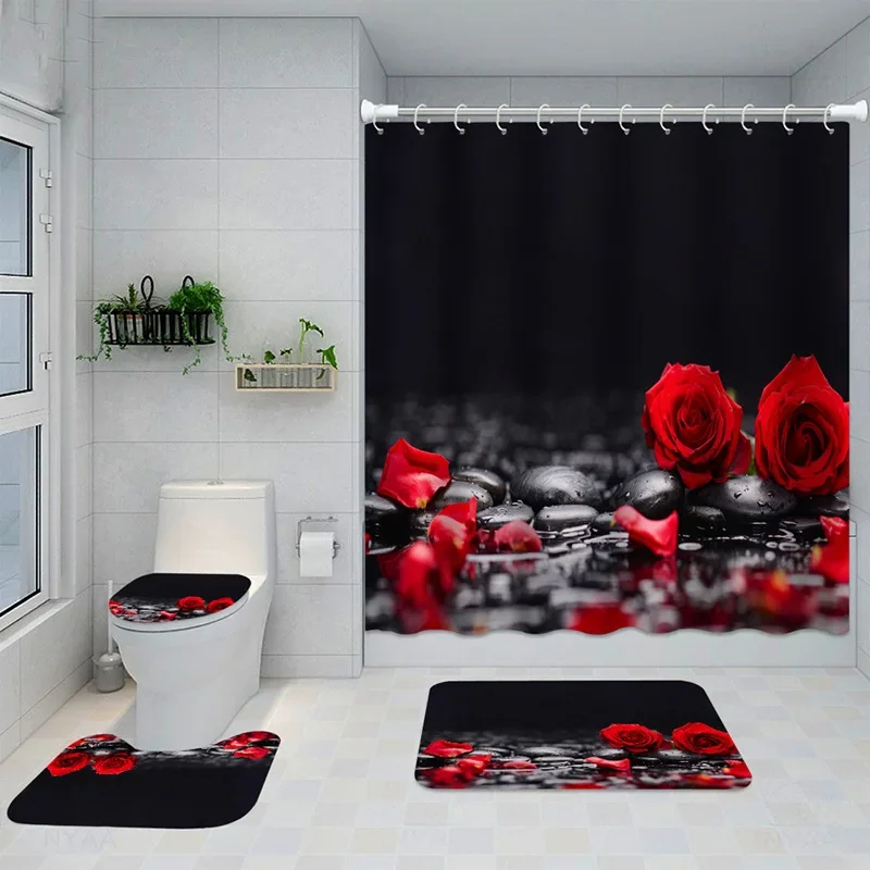 3D Rose Flower Waterproof Shower Curtain Set Non-slip Floor Mat Sets Bathroom  with   and Rugs  Decor