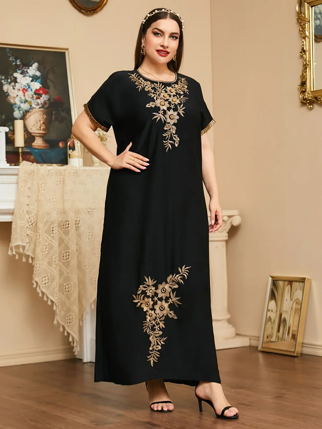 Novo verão miçangas bordado abaya para vestido muçulmano feminino marroquino kaftan roupas islâmicas manga curta solta robe islâmico árabe