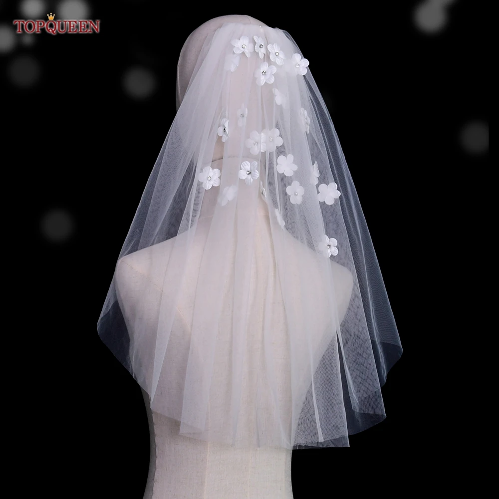 

TOPQUEEN V46 3D Flowers Wedding Veil One Layer Bridal Veil with Comb Crystal Beaded Short Veil Communion Wreath for Girls