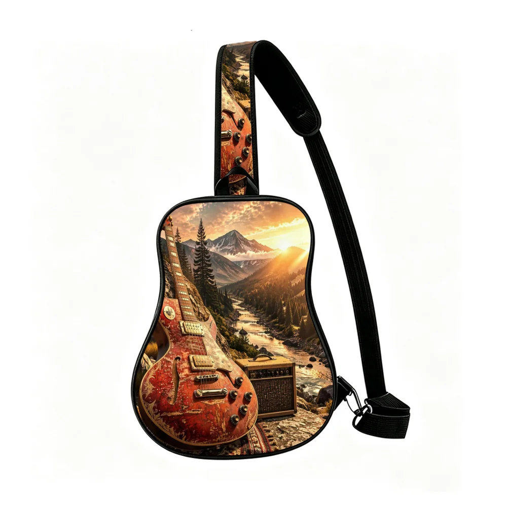 Mountain sunset Men's Guitar Chest Bag, Sling Bag,  Streetwear Sling Shoulder Bag, Urban City Walk, Gift for Music‑LovingTeens