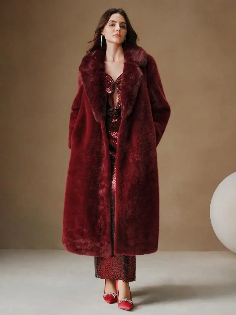 معطف فرو الأرنب الصناعي المرأة سترة طويلة فروي رفض طوق المفتوحة غرزة سميكة فضفاضة مكتب سيدة عادية 2025 الخريف الشتاء