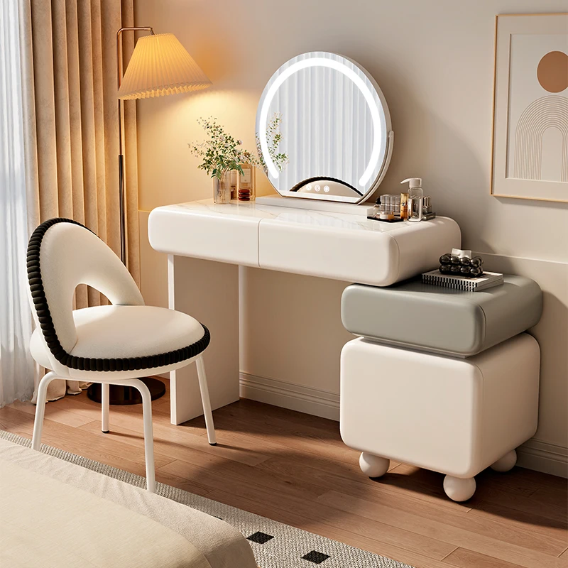 

Chair Ornaments Dressing Table Apartment Girls Luxury Led Light Round Mirror Dressing Table Makeup Cabinet House Accessories