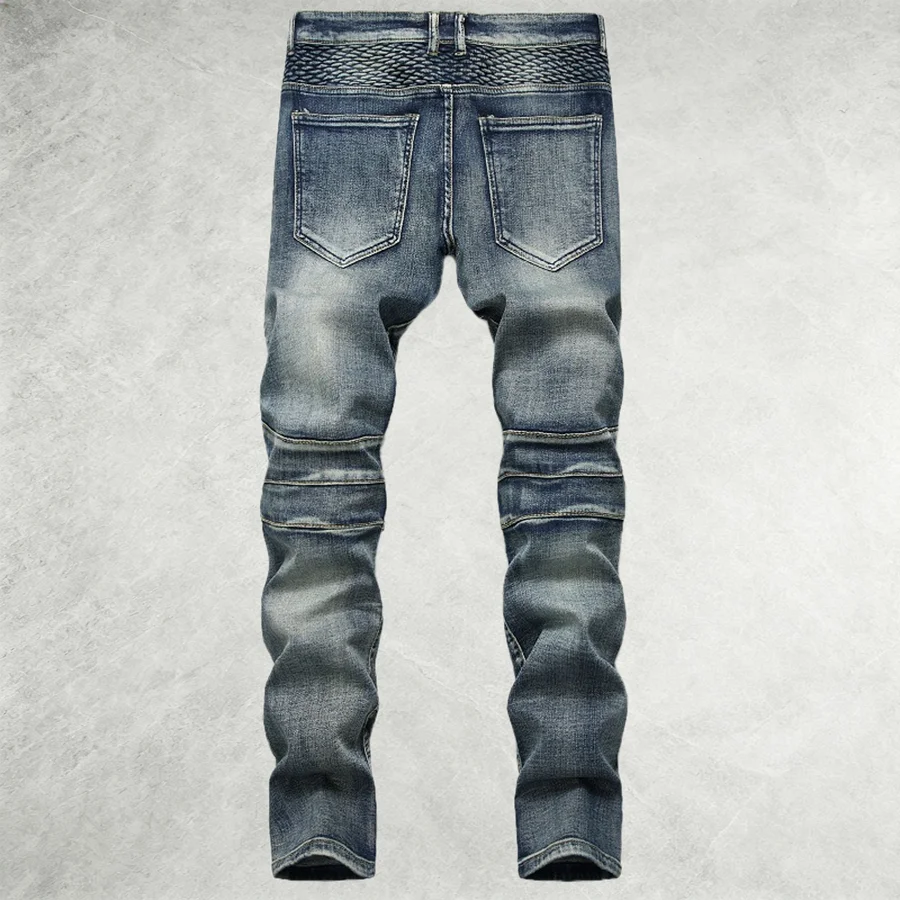 New American High Street Men's Blue Washed Jeans Nostalgic Motorcycle Pleated Riding Knee Pants Casual Pants