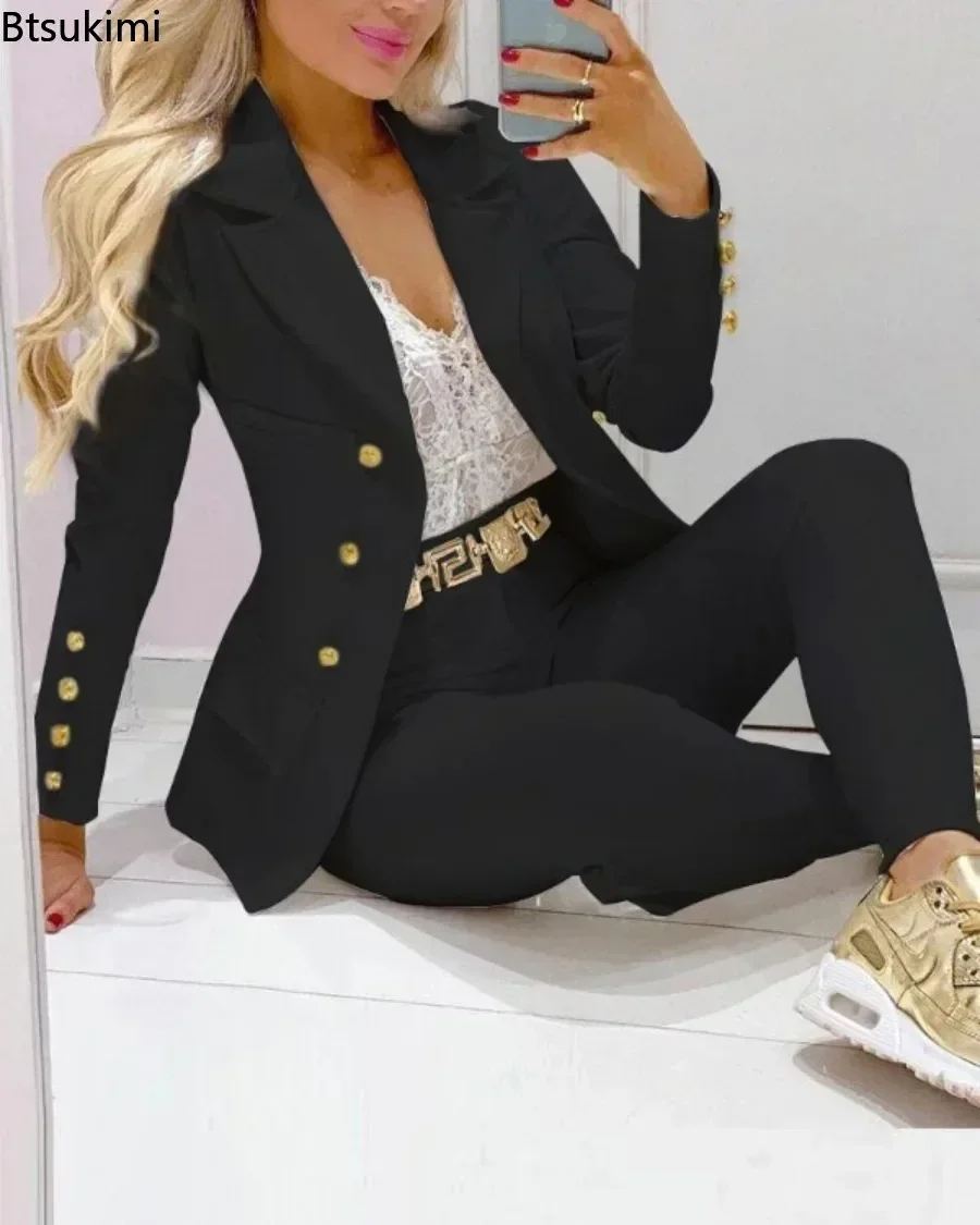 2024 Women\'s 2pcs Tracksuits Solid Long Sleeve Blazer Pants Suit Sets Office Lady Tracksuit Two Piece Set Fitness Outfits Woman