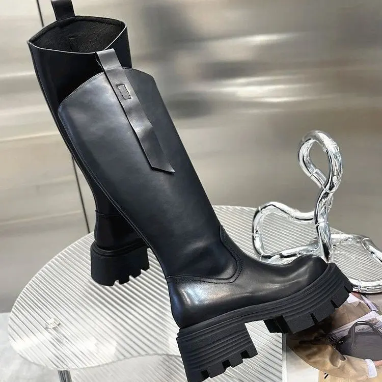 Round Toe Women Boots Over Knee Shoes Zipper Winter Footwear Over-the-Knee Rubber Autumn Lolita High Heel 2023 Ladies Leather