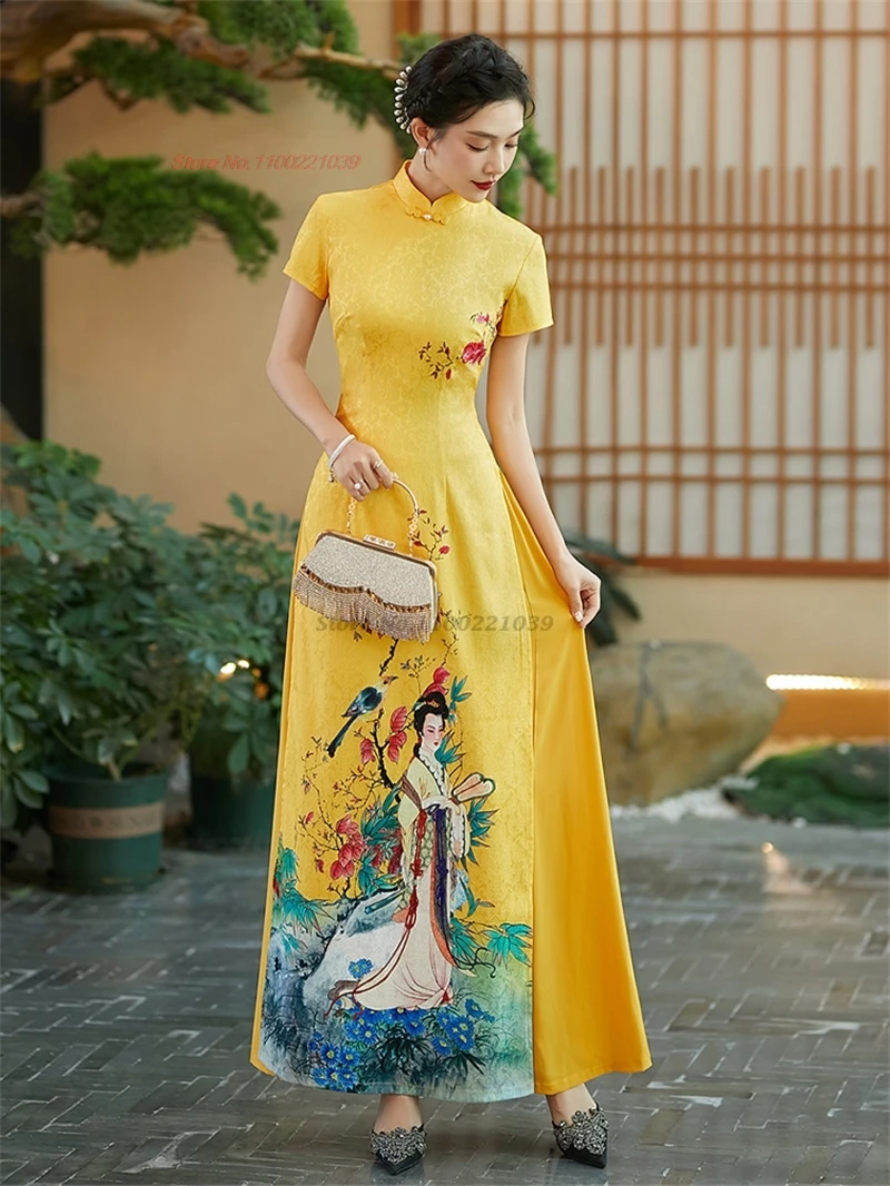 2025 vietnamese aodai improved cheongsam dress qipao national flower print qipao dress oriental banquet evening dress vestido