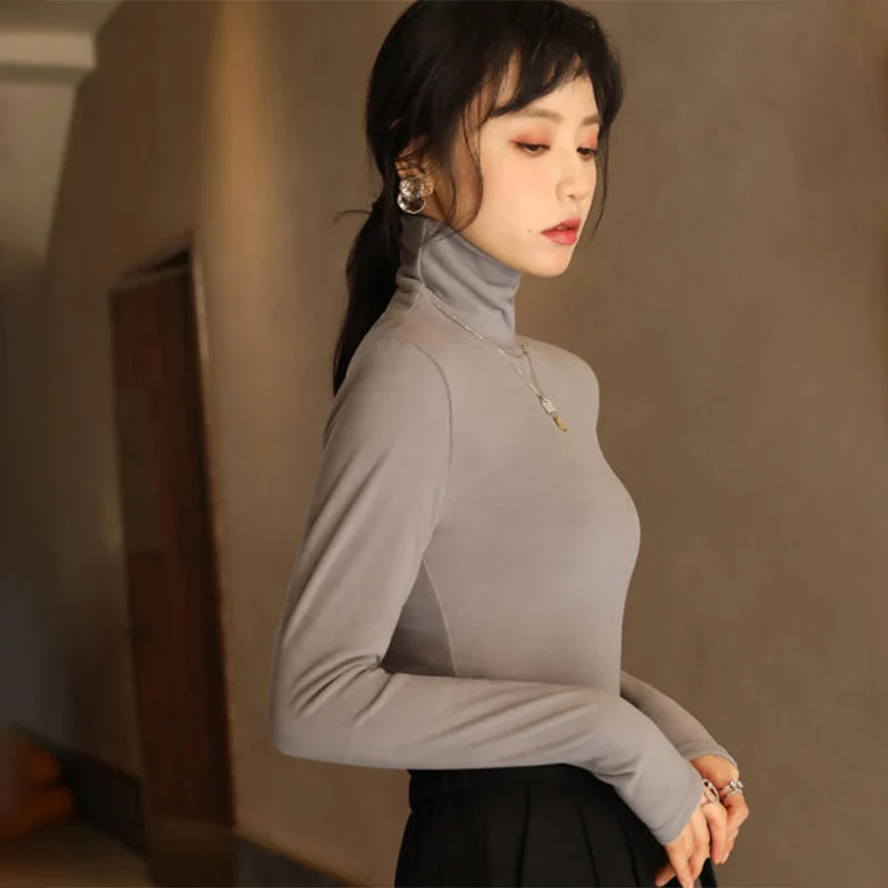 Temperament Turtleneck Modal Bottoming Shirt Women Autumn Winter Warm Basic Base Tees Stretch Slim Office Lady Undershirts Tops
