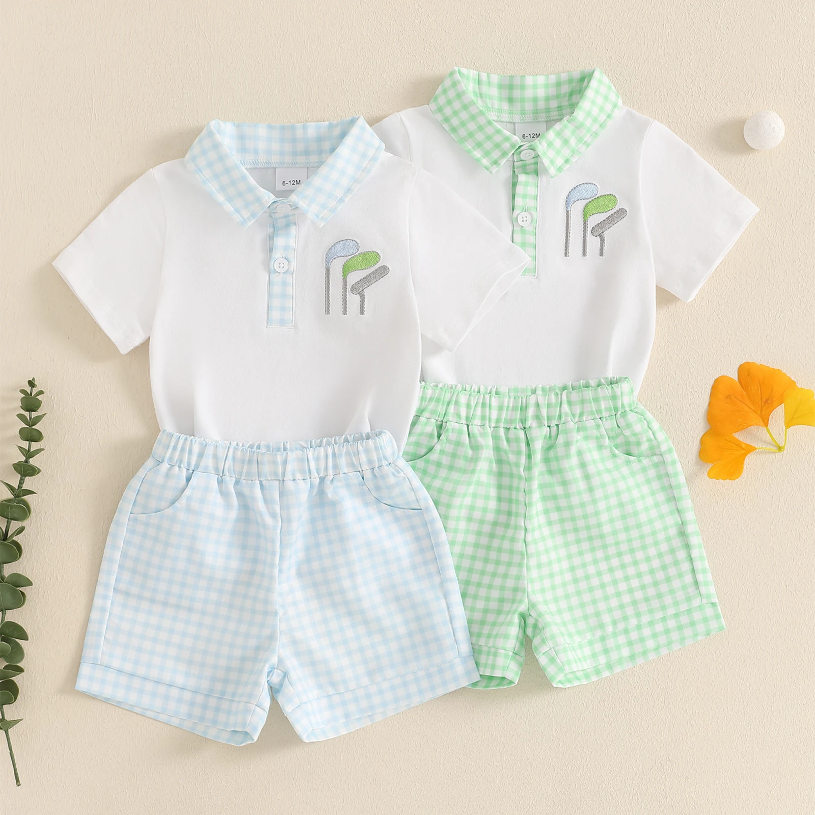 1-4Y Toddler Baby Boys Shorts Set Golf Club Embroidery Half Button-up Short Sleeve Shirt Tops Plaid Shorts 2 Piece Summer Outfit