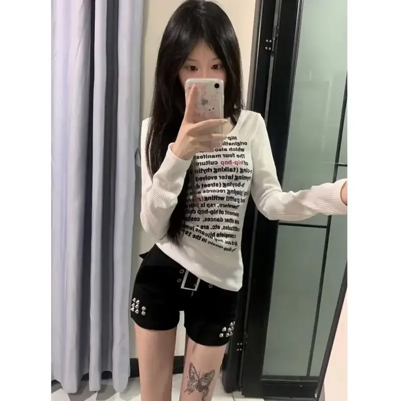 Women Spring Slim Y2k Aesthetic T-shirts Casual Grunge Letter Print Vintage Tshirts Japanese Harajuku Bottoming Tee Shirts Femme