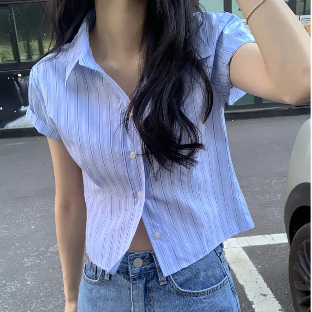 

Chic Summer Slim Fit Short Sleeve Striped Shirt Women's Casual Short Length Button up Cotton Polyester Fashion Top
