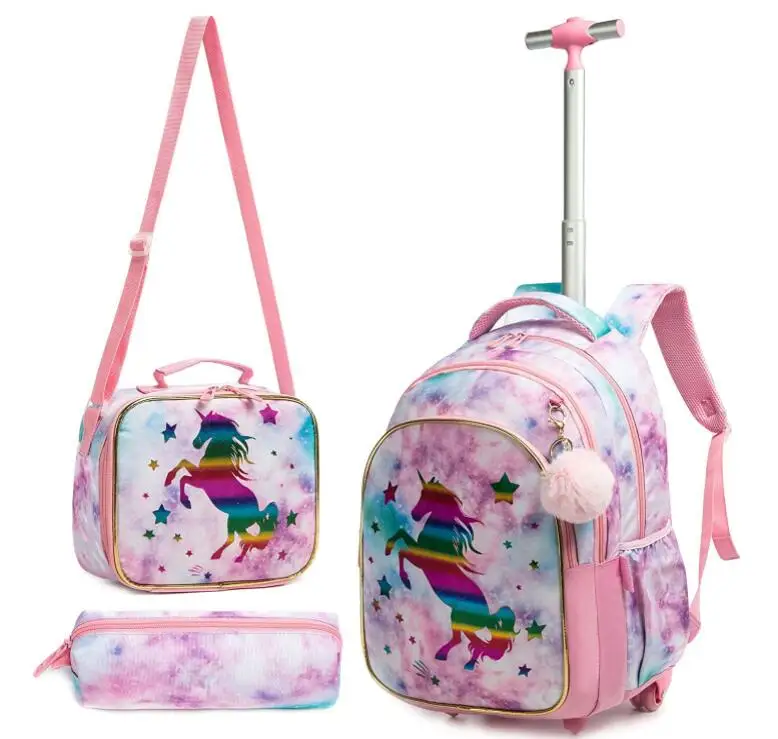 Sac à dos à roulettes pour enfants, sac à dos scolaire à roulettes pour filles, chariot à main pour élèves du primaire, 3 pièces