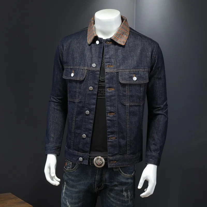 Jaket denim pria kerah lapel, jaket denim pria baru kualitas tinggi dengan kerah kotak-kotak tambal sulam, jaket denim slim fit, atasan modis dan personalisasi