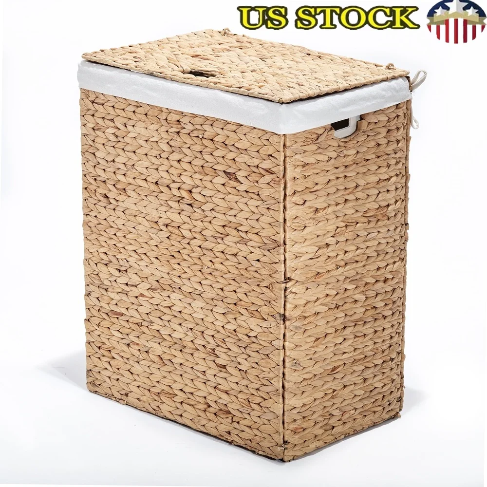 

Handwoven Portable Laundry Hamper with Handles Machine Washable Liner Storage Basket Clothes Linens Toys Water Hyacinth Wicker
