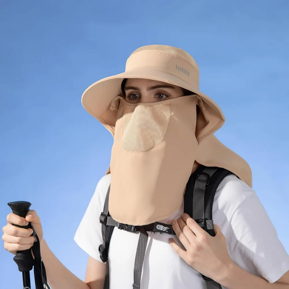 Damski kapelusz przeciwsłoneczny z szerokim rondem, kucyk, ochrona UV, daszek, kapelusze wędkarskie, maska na twarz, odpinany klapka na szyję.