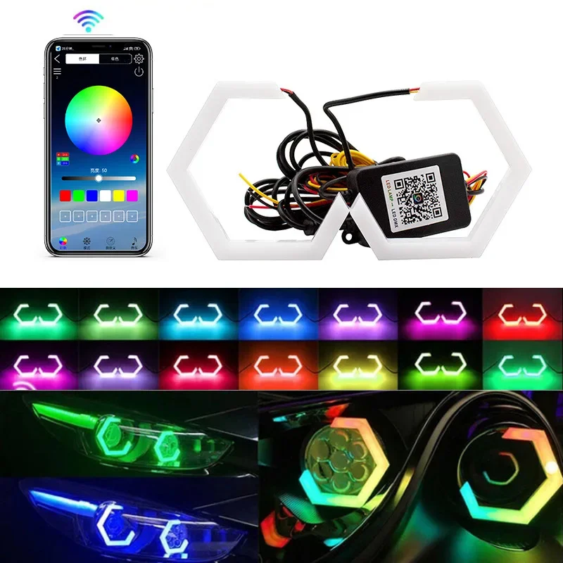 2PCS 12V/24V 60MM 70MM 80MM 90MM Hexagon LED Angel Eyes Headlight Halo Rings RGB Bluetooth APP Control Daytime Running Light