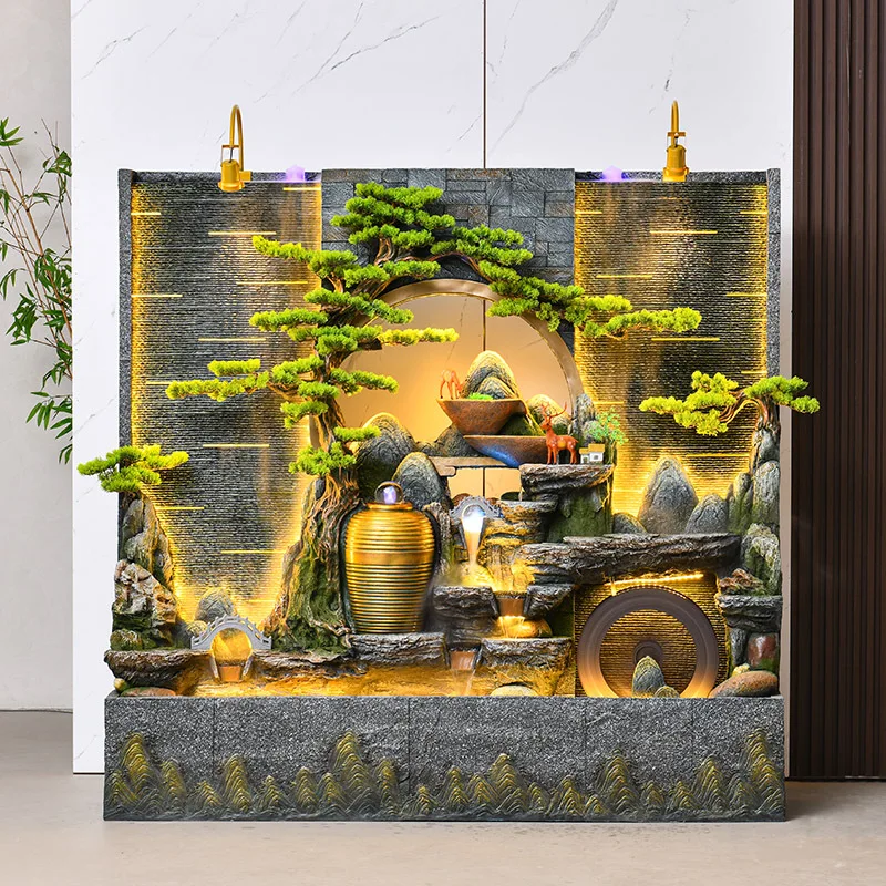Wohnzimmer Wasservorhang Wand Wasser Wandschirm großer Boden Ornament Steingarten
