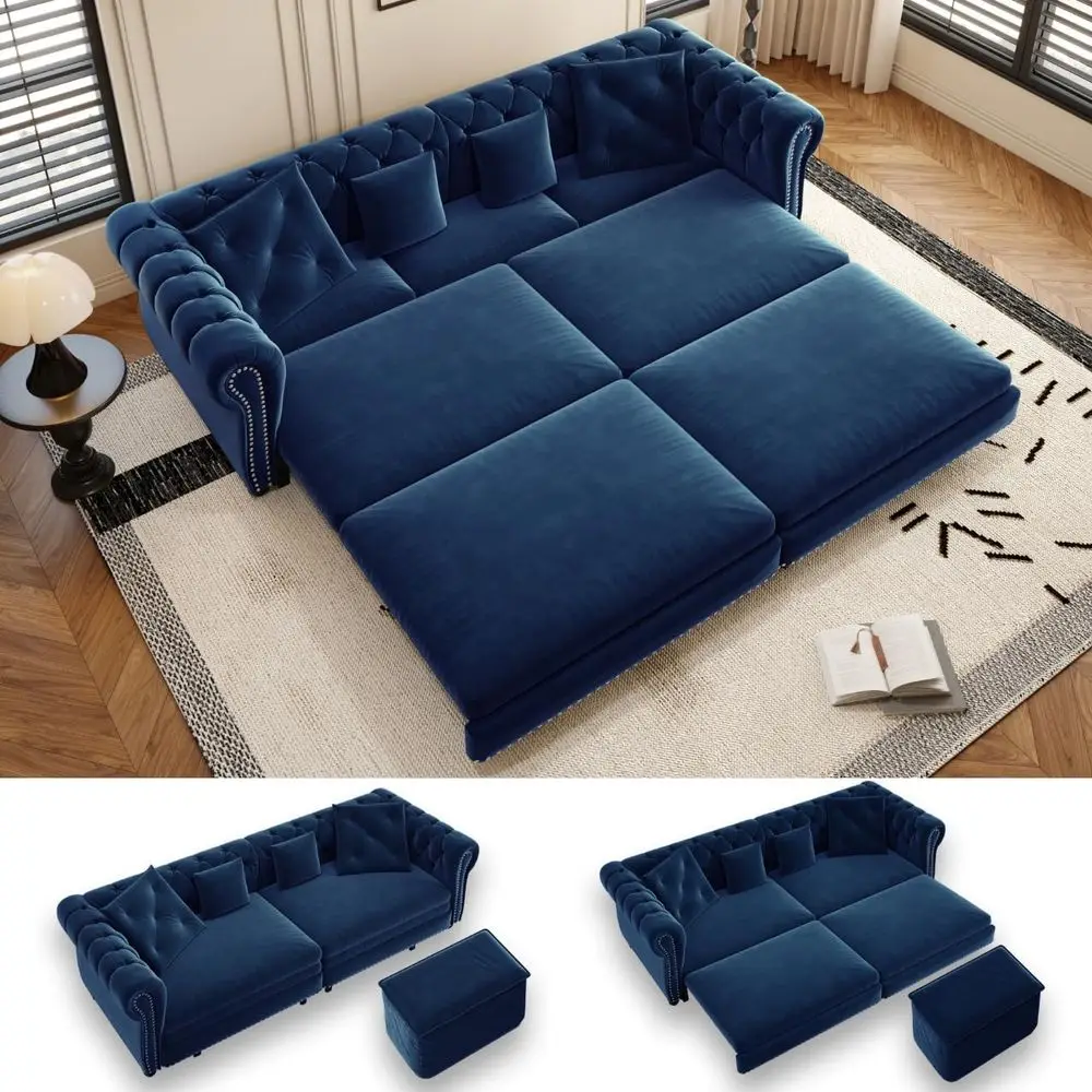 

King Pull Out Sofa Bed, Velvet Chesterfield Sleeper Sofa Couch, 3 in 1 Convertible Tufted Futon Couches with Ottoman for Living